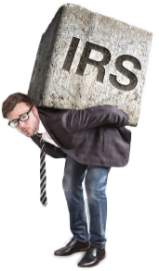a corporate caucasian man carrying a huge boulder of stone that says irs on his back.