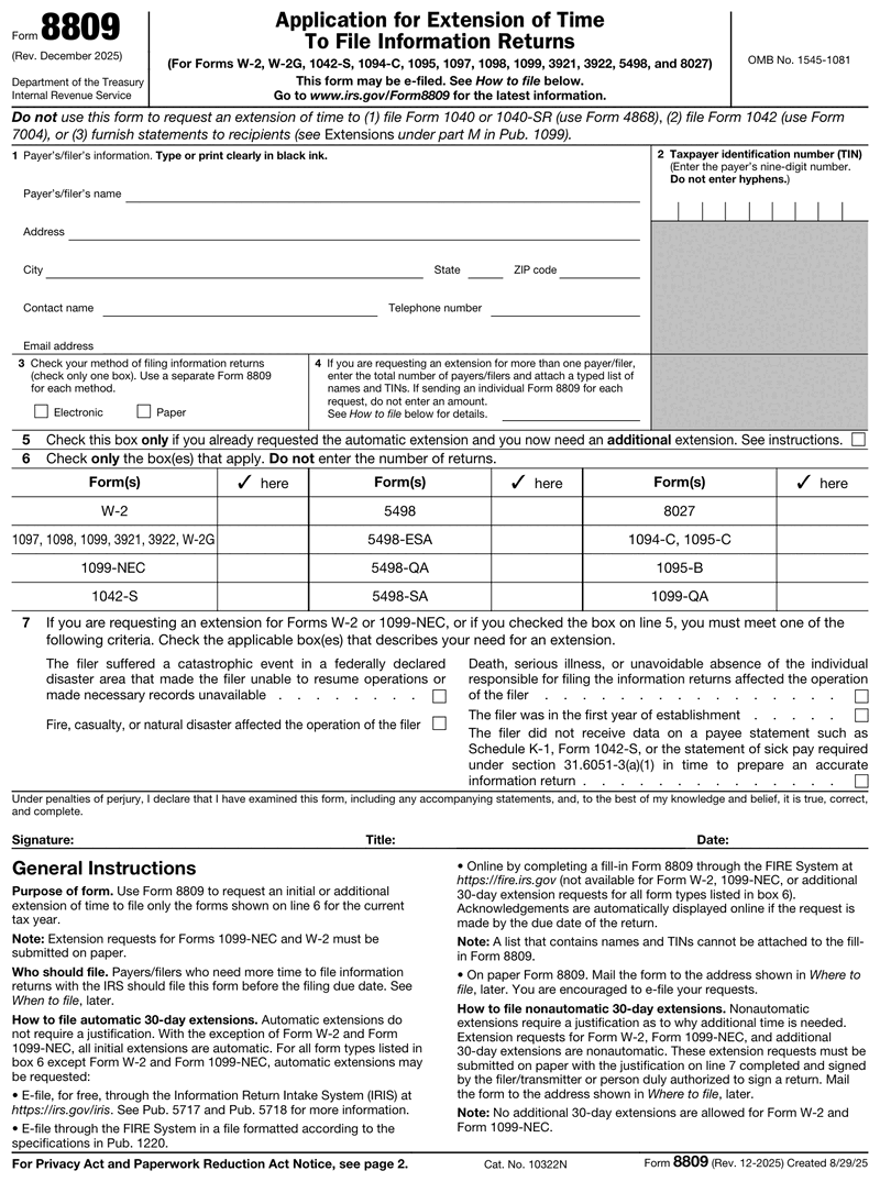 Form 8809 preview