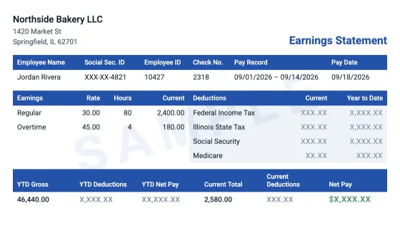 Sample pay stub made with PayStubCreator's paystub generator: earnings, tax lines and year-to-date totals