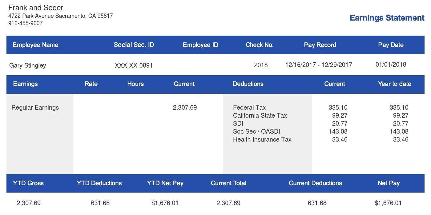 Horizontal Blue Pay Stub Sample Template