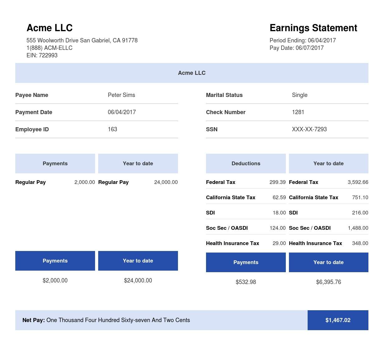 Square Blue & White Paystub Sample Template